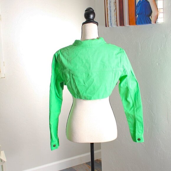Nasty Gal Cropped Green Denim Trucker Jacket S - Picture 4 of 6